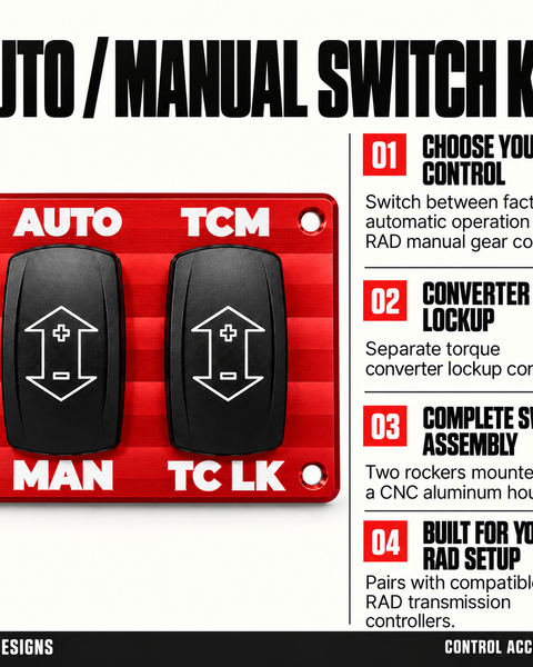 Auto/Manual Switch Kit: mode selection, converter lockup and complete preassembled two-rocker CNC housing.
