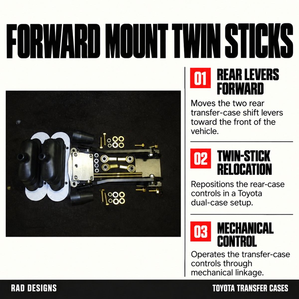 Forward Mount Twin Sticks: rear-case lever relocation and mechanical linkage for Toyota dual-case controls.