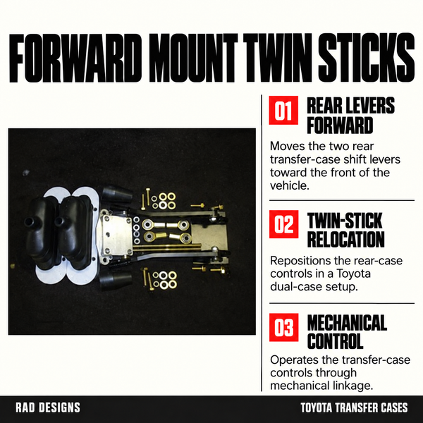 Forward Mount Twin Sticks: rear-case lever relocation and mechanical linkage for Toyota dual-case controls.