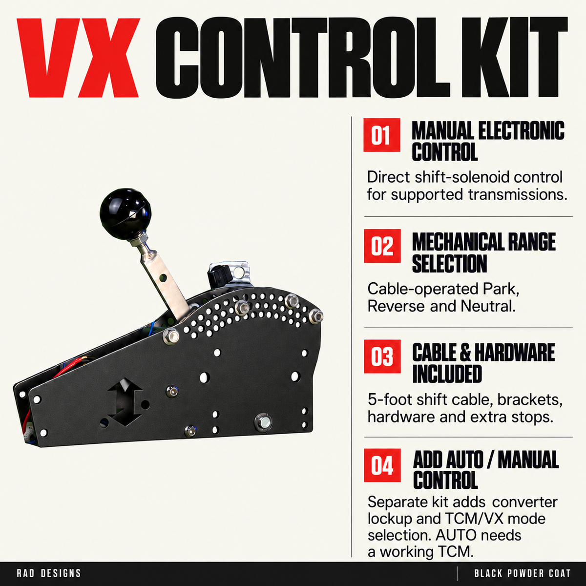 RAD VX Control Kit features: manual electronic control, mechanical range selection, included cable and hardware, and optional Auto/Manual control kit.