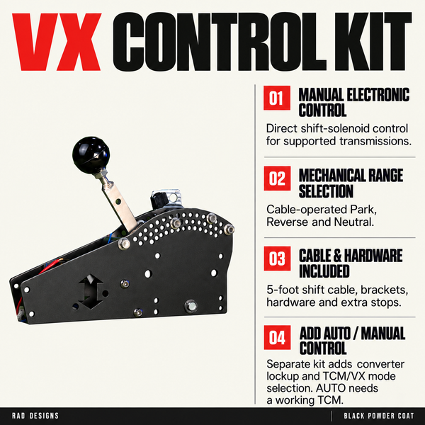 RAD VX Control Kit features: manual electronic control, mechanical range selection, included cable and hardware, and optional Auto/Manual control kit.