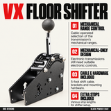 RAD VX Floor Shifter features: mechanical range control, mechanical-only design, included shift cable and hardware, and extra stops.