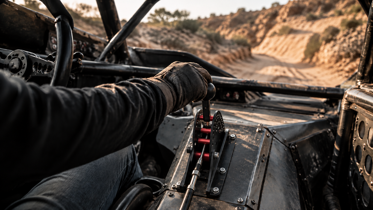 Black powder-coated VX shifter with red stops installed in an off-road vehicle — AI-edited illustration