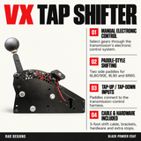 RAD VX Tap Shifter features: manual electronic control, side paddles for 6L80/90E, 8L90 and 6R80, tap-up/down inputs to the transmission-control harness, and included cable and hardware.